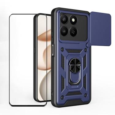 Imagem de CNPUTAO Capa para Honor X7d / Honor 400 Smart com protetor de tela de vidro temperado, janela deslizante para câmera, suporte, capa de telefone de camada dupla antiarranhões à prova de choque, azul