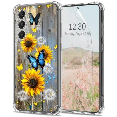 Imagem de Capa transparente para Samsung Galaxy A16 5G com protetor de tela [proteção contra quedas] design de borboleta de girassol, fina, fina, para mulheres e meninas, TPU macio transparente [antiarranhões