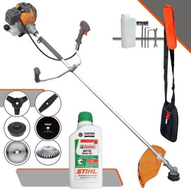 Imagem de Roçadeira Tekna RL430P À Gasolina 43cc 1,7HP 6 Em 1 Com Carretel + Faca 2 Pontas, 3 Pontas, 40 Dentes e 80 Dentes + Escova de Aço + ÓLEO STIHL 2T