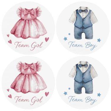 Imagem de 100 peças de adesivos temáticos de roupas engraçadas 5 cm redondo time menino equipe menina gênero revelar decalques de papel autoadesivos de revelação de gênero etiquetas para chá de bebê revelação