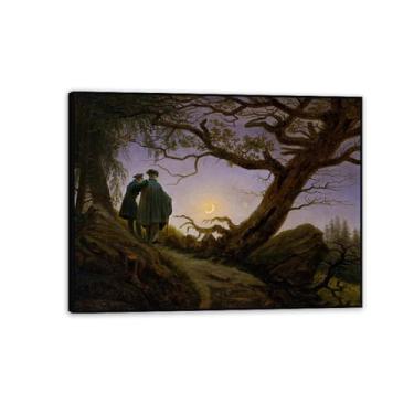 Imagem de Two Men Contemplating the Moon por Caspar David Friedrich Impressões em tela Well Decor The World Classic Art Reproduções de arte grande giclee arte de parede para sala de estar decoração de casa 90 x