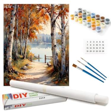 Imagem de Kit de pintura de folhagem de outono à beira do lago por números para adultos - Pintura DIY de bétulas e trilha à beira do lago em tela enrolada 40,6 x 50,8 cm, conjunto de tinta acrílica para