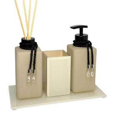 Imagem de Kit Lavabo Bege Completo com Saboneteira, Aromatizador de Ambiente, Porta Escovas e Bandeja Luxo(PRETO,SEM BANDEJA)