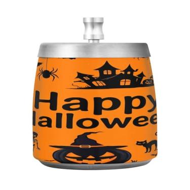 Imagem de Qilmy Cinzeiro de aço inoxidável Happy Halloween com tampa - Cinzeiro de cigarro à prova de vento sem cheiro sem fumaça para casa, escritório, carro, pátio, varanda (uso interno e externo)