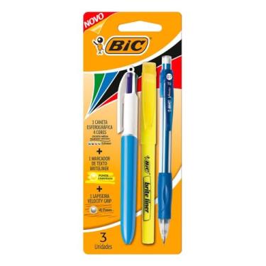 Imagem de BIC, Kit 1 Caneta 4 Cores Escrita Média + 1 Marca Texto com Ponta Chanfrada Briteliner + 1 Lapiseira Velocity Grip, 3 Unidades