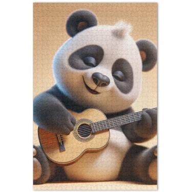 Imagem de Quebra-cabeça de guitarra urso panda fofo 500 peças adulto engraçado jogo de quebra-cabeça presentes colorido quebra-cabeça brinquedo de arte, 20,5 x 14,9 polegadas