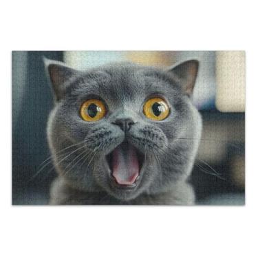 Imagem de Quebra-cabeça engraçado de gato cinza surpreso adulto 500 peças pintura animal personalizado mordaça presente quebra-cabeça presentes para jogo de elefante branco, 51 x 35 centímetros