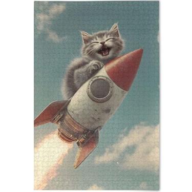 Imagem de Quebra-cabeça de animal engraçado com foguete de gato cinza personalizado 500 peças pintura de arte floral legal Prime quebra-cabeças amigos família presentes de jogos, 52 cm x 37,8 cm