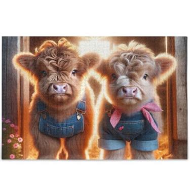 Imagem de Highland Cows Quebra-cabeça adulto fofo 500 peças arte animal flor único quebra-cabeças presentes personalizados para jogo de elefante branco, 52 cm x 37,8 cm