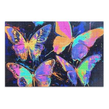 Imagem de Quebra-cabeça 500 peças borboletas neon adultas presentes brilhantes coloridos para jogo de elefante branco quebra-cabeça exclusivo arte de decoração de casa, 50 x 37 centímetros