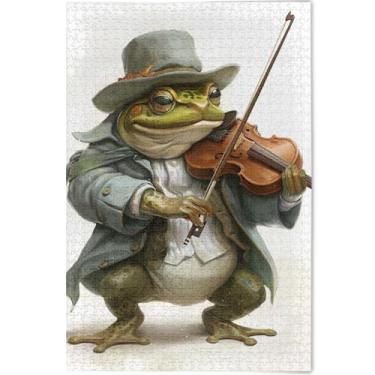 Imagem de Quebra-cabeça de violino de sapo fofo personalizado para adultos 500 peças decoração de arte animal quebra-cabeças difíceis presentes de tecnologia de jogo engraçado, 52 x 37,8 cm