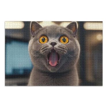 Imagem de Quebra-cabeças 500 peças para presentes de elefante branco para adultos engraçados divertidos brinquedos adultos decoração de arte pintura gato cinza surpreso fofo, 51 x 35 centímetros