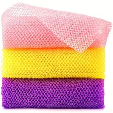 Imagem de Conjunto de 3 esponjas de banho de rede africana, esfoliante corporal e limpador de costas para chuveiro, bucha de malha macia para homens e mulheres (rosa, amarelo, roxo)