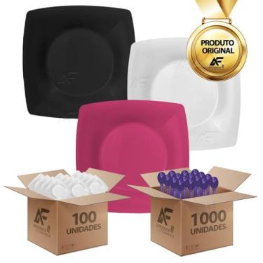 Imagem de Kit 100 Prato Plástico Reutilizável 1000 Colher Descartável - AferMix,