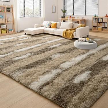 Imagem de FALARK Tapete felpudo macio de 1,8 x 2,8 m, bege, grande, listrado, tapetes felpudos retangulares para sala de estar, tapetes macios e felpudos para quarto, tapete lavável antiderrapante para uso