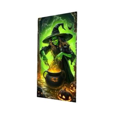 Imagem de Bandeira De Porta De Halloween Com Bruxa E Gato Preto Em Fibra De Poli