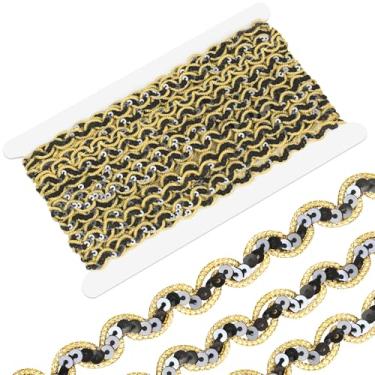 Imagem de Acabamento de lantejoulas onduladas pretas de 14 metros com borda dourada, 0,4 polegadas de lantejoulas planas com contas, acabamento de renda com glitter metálico, acabamento de fita de lantejoulas