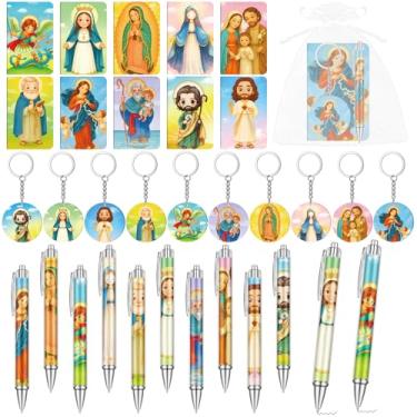 Imagem de Sayglossy 10 conjuntos de canetas esferográficas de acrílico para presentes religiosos católicos para oração de santo e porta-chaves esferográficas, bolsa de organza, rosário católico, presente