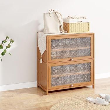 Imagem de SGeneE Armário de sapatos de bambu com portas em relevo de begônia, rack de armazenamento de sapatos com prateleiras ajustáveis, armário de corredor organizador de sapatos banco para entrada e sala de