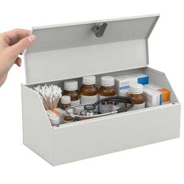 Imagem de Metateel Armário de remédios com trava – caixa de armazenamento de primeiros socorros de aço com trava de chave, organizador seguro de medicamentos para casa, escritório, clínica, 31 cm L x 13 cm P x
