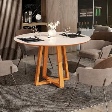 Imagem de Mesa de Jantar Redonda Diamante 90 cm, Tampo MDF com Pintura UV, Pés em Madeira Maciça, Base Cruzada, Altura 74 cm, Design Moderno (Off White Freijó/Freijó)