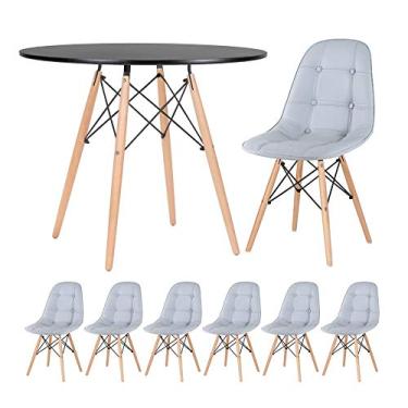 Imagem de Loft7, KIT - Mesa Eames 90 cm preto + 6 cadeiras Eames Botonê Cinza claro