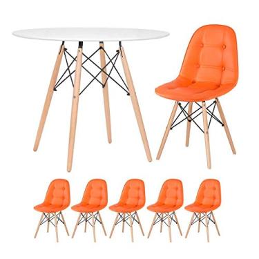 Imagem de Loft7 Home Decor, Kit Mesa Eames Eiffel 90 cm + 5 Cadeiras Estofadas Botonê - Laranja