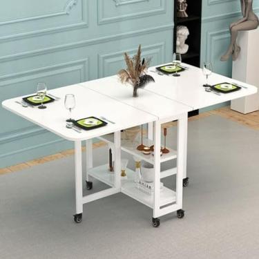 Imagem de Mesa de jantar dobrável moderna com 6 rodas e prateleiras de armazenamento de 2 camadas, mesa de cozinha que economiza espaço, suporte de aço carbono, dobrável em 3 formas