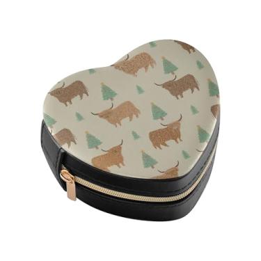 Imagem de Burbuja Caixa de joias em formato de coração de vacas Highland com árvore de Natal, mini estojo de viagem para mulheres e meninas, organizador portátil de armazenamento para brincos, anéis, colares e