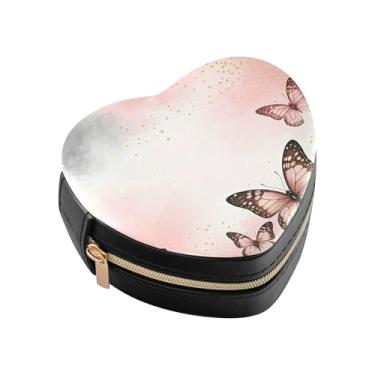 Imagem de Burbuja Caixa de joias rosa cinza borboleta em forma de coração mini estojo de joias de viagem para mulheres meninas, estojo portátil organizador de armazenamento para brincos, anéis, colares