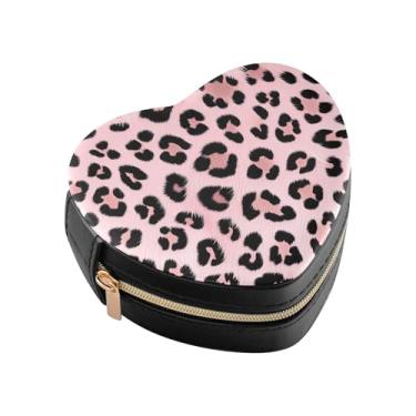 Imagem de Burbuja Caixa de joias em forma de coração de pele de leopardo rosa mini estojo de joias de viagem para mulheres e meninas, estojo portátil organizador de armazenamento para brincos, anéis, colares e