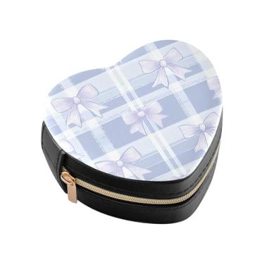 Imagem de Burbuja Caixa de joias xadrez azul em forma de coração mini estojo de joias de viagem para mulheres e meninas, estojo portátil organizador de armazenamento para brincos, anéis, colares e pulseiras