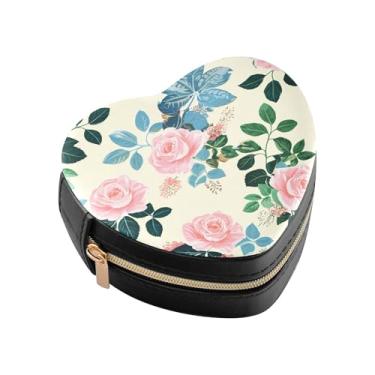 Imagem de Burbuja Caixa de joias vintage floral em forma de coração, mini estojo de joias de viagem para mulheres e meninas, organizador portátil de armazenamento para brincos, anéis, colares e pulseiras