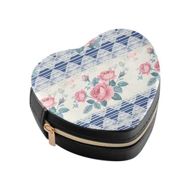 Imagem de Burbuja Caixa de joias retrô floral em forma de coração, mini estojo de viagem para mulheres e meninas, organizador portátil de armazenamento para brincos, anéis, colares e pulseiras