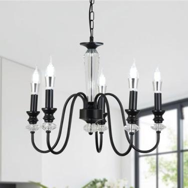 Imagem de Lustre preto, lustre de vela de fazenda com 5 luzes para sala de estar, lustres pendentes industriais rústicos para sala de jantar, luminária suspensa de cristal vintage para hall de entrada de