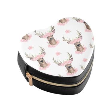Imagem de Burbuja Caixa de joias em forma de coração com cabeças de cervo mini estojo de joias de viagem para mulheres e meninas, estojo portátil organizador de armazenamento para brincos, anéis, colares e