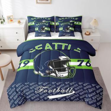 Imagem de Feelyou Jogo de edredom de futebol americano com 7 peças, cama casal, Seattle em uma bolsa, para crianças, meninos, meninas, futebol, cidade, decoração de quarto, respirável, macio e leve de