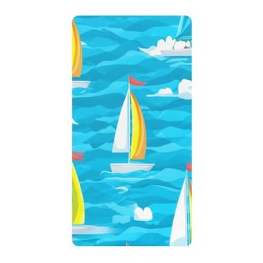 Imagem de Blueangle Lençol de berço padrão para berço infantil - Lençóis de algodão macio e respirável com cenário do oceano com barcos à vela (210)