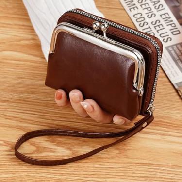 Imagem de Carteira feminina vintage com clipe de zíper | Bolsa de moedas fashion multicartão com ranhura transfronteiriça, Marrom-1, Tendência