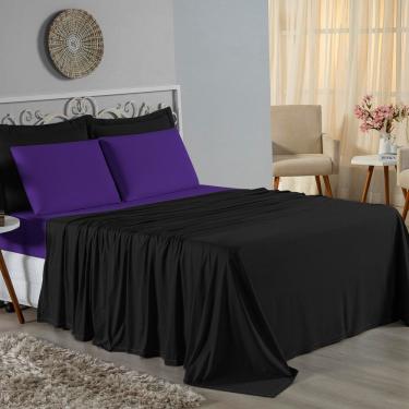 Imagem de Jogo De Cama King Nobre 4 Peças Lençol Com Elástico De 30cm De Altura Malha 100% Algodão - Preto / Roxo