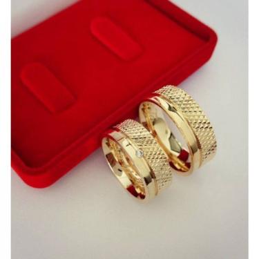 Imagem de Par De Aliança 8Mm Reta Diamantada Prata Banhado A Ouro