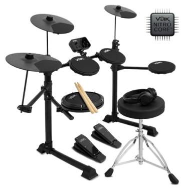 Imagem de Bateria Eletrônica Voik VIBE-500 Nitro Core MIDI USB 7 Peças Caixa Mesh 15 Kits Silenciosa Completa Com Banco + Fone + Baqueta Para Iniciantes E-DRUMS Series Cor Preto Bivolt 110v/220v