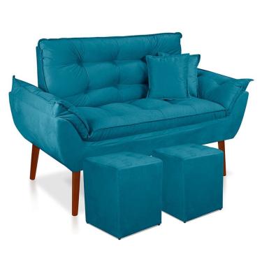 Imagem de Kit Poltrona Decorativa Namoradeira 2 Puffs Quadrado E 2 Almofadas Suede - Lm Decor Azul Claro