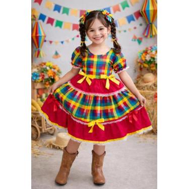Imagem de Vestido Xadrez Junino Infantil Vermelho Amarelo Festa Junina Caipira Q
