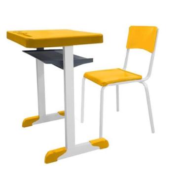 Imagem de Mesa e Cadeira Escolar Individual Infantil Amarelo Realplast Aço 3-6 A
