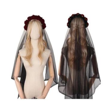Imagem de Tiara De Noiva Com Véu, Design De Caveira, Teia De Aranha E Rosa Preta
