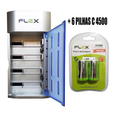Imagem de Carregador de Pilhas Flex AA AAA C D Baterias 9v Led com 6 Pilhas C 4500 mAh Recarregáveis Universal FX-C06