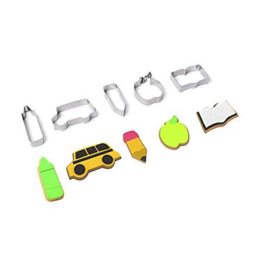 Imagem de Fox Run Conjunto de cortadores de biscoito, conjunto de cortadores de biscoito de volta às aulas, lápis, giz de cera, ônibus, maçã, livro, médio