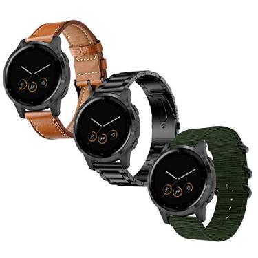 Imagem de Anrir Compatível com pulseira de relógio Garmin Vivoactive 4S, pulseira de aço inoxidável de 18 mm preta+pulseira de couro + pulseira de nylon trançado para relógio inteligente Garmin Vivoactive 4S 40 mm, Vivomove 3S 39 mm pacote com 3