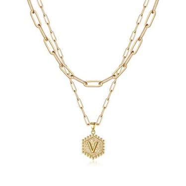Imagem de M MOOHAM Colares delicados com inicial para mulheres – Colar em camadas para mulheres, lindo colar de letra hexagonal com inicial e colar em camadas para presentes femininos, 18 IN, Latão